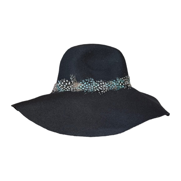 American Eagle Women’s Boho Wide Brim Floppy Hat Black 100% Wool Feather Trim - Picture 4 of 9